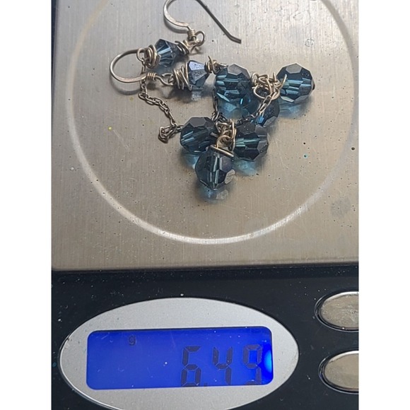 Handmade Sterling Silver 925 Blue Crystal Dangle Earrings  Silver Chain & Hook - Picture 5 of 5